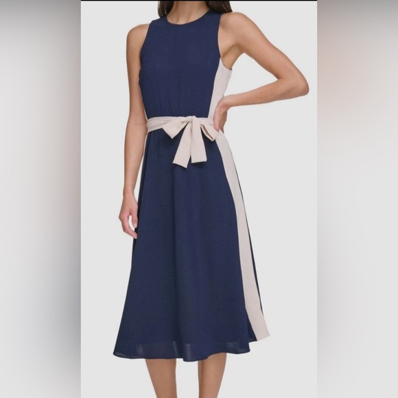 Dkny Dresses & Skirts - DKNY Women's Navy Blue & Cream Sleeveless Tie-Waist A-Line Midi Dress (Size 12)